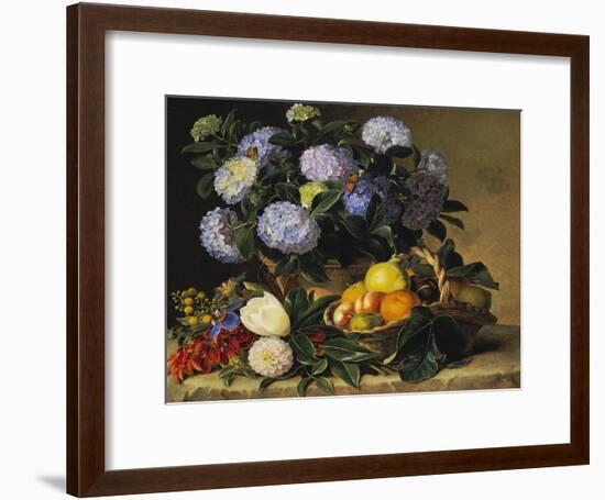 Hydrangea in an Urn and a Basket of Fruit on a Ledge-Johan Laurentz Jensen-Framed Giclee Print