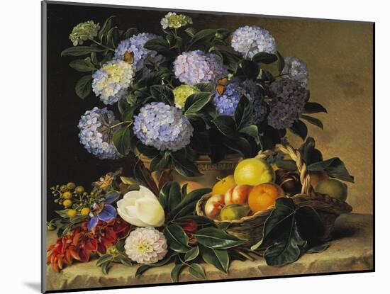 Hydrangea in an Urn and a Basket of Fruit on a Ledge-Johan Laurentz Jensen-Mounted Giclee Print