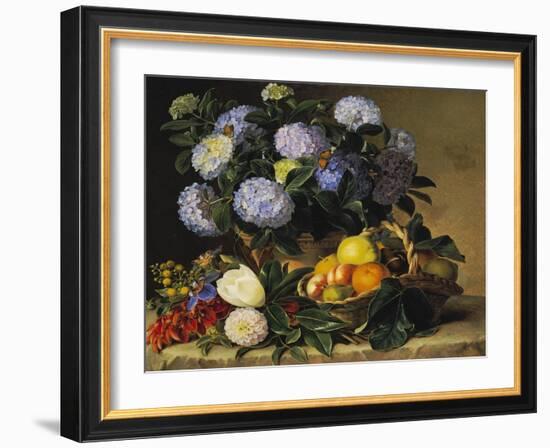 Hydrangea in an Urn and a Basket of Fruit on a Ledge-Johan Laurentz Jensen-Framed Giclee Print