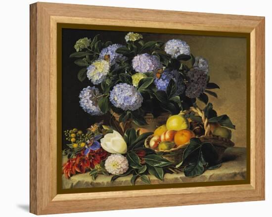 Hydrangea in an Urn and a Basket of Fruit on a Ledge-Johan Laurentz Jensen-Framed Premier Image Canvas