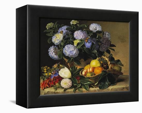 Hydrangea in an Urn and a Basket of Fruit on a Ledge-Johan Laurentz Jensen-Framed Premier Image Canvas