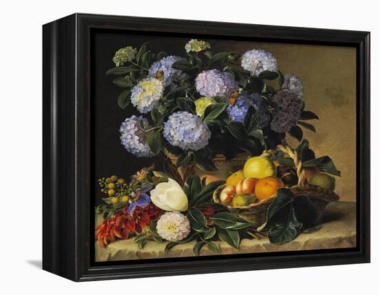 Hydrangea in an Urn and a Basket of Fruit on a Ledge-Johan Laurentz Jensen-Framed Premier Image Canvas