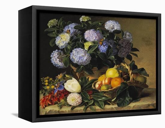 Hydrangea in an Urn and a Basket of Fruit on a Ledge-Johan Laurentz Jensen-Framed Premier Image Canvas