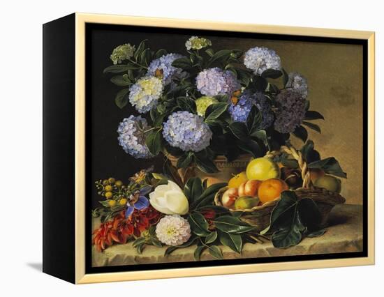 Hydrangea in an Urn and a Basket of Fruit on a Ledge-Johan Laurentz Jensen-Framed Premier Image Canvas