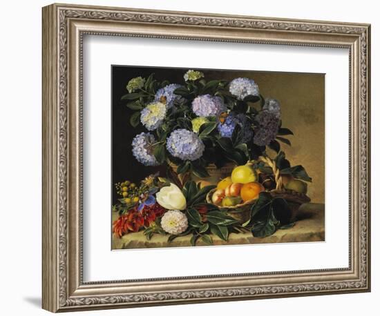 Hydrangea in an Urn and a Basket of Fruit on a Ledge-Johan Laurentz Jensen-Framed Premium Giclee Print