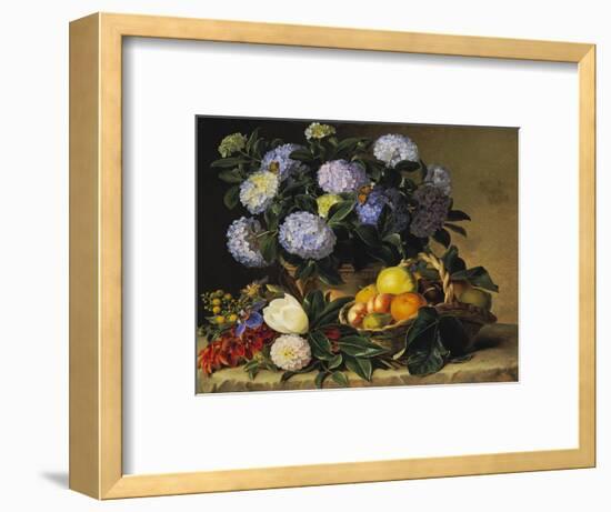 Hydrangea in an Urn and a Basket of Fruit on a Ledge-Johan Laurentz Jensen-Framed Premium Giclee Print