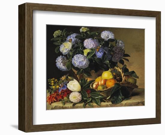 Hydrangea in an Urn and a Basket of Fruit on a Ledge-Johan Laurentz Jensen-Framed Premium Giclee Print