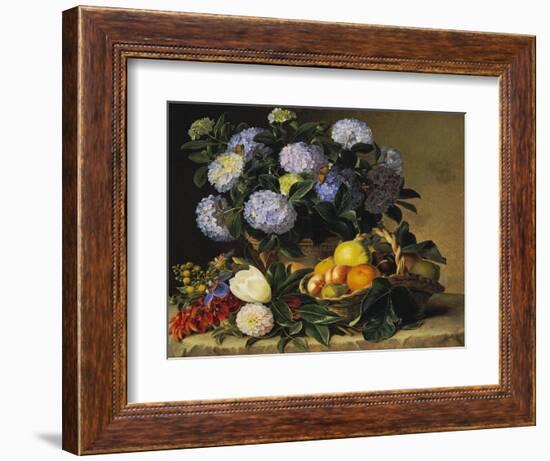 Hydrangea in an Urn and a Basket of Fruit on a Ledge-Johan Laurentz Jensen-Framed Premium Giclee Print