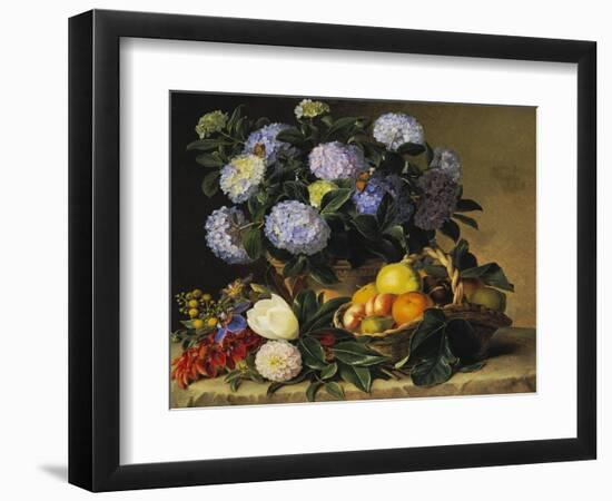 Hydrangea in an Urn and a Basket of Fruit on a Ledge-Johan Laurentz Jensen-Framed Premium Giclee Print