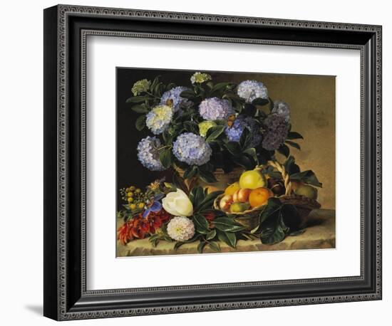 Hydrangea in an Urn and a Basket of Fruit on a Ledge-Johan Laurentz Jensen-Framed Premium Giclee Print