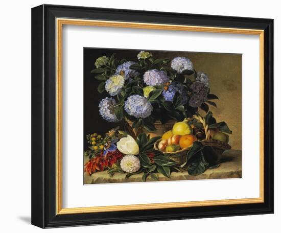 Hydrangea in an Urn and a Basket of Fruit on a Ledge-Johan Laurentz Jensen-Framed Giclee Print