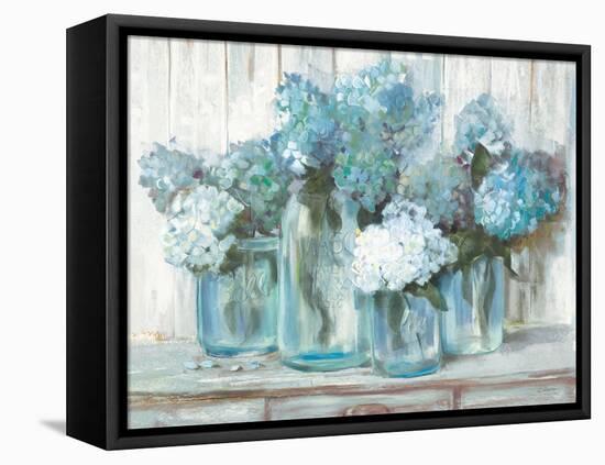 Hydrangeas in Glass Jars Blue-Carol Rowan-Framed Stretched Canvas