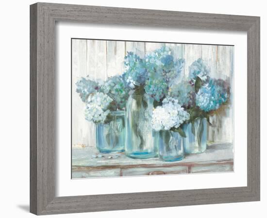 Hydrangeas in Glass Jars Blue-Carol Rowan-Framed Art Print