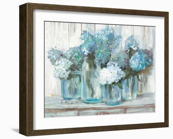 Hydrangeas in Glass Jars Blue-Carol Rowan-Framed Art Print