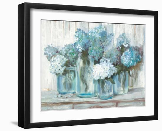 Hydrangeas in Glass Jars Blue-Carol Rowan-Framed Art Print