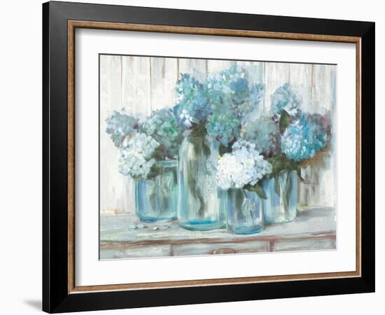 Hydrangeas in Glass Jars Blue-Carol Rowan-Framed Art Print