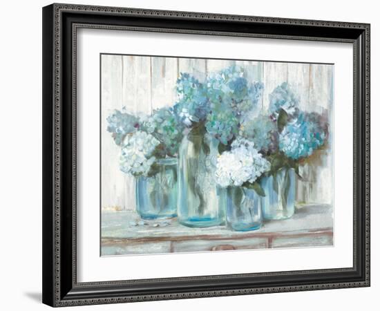 Hydrangeas in Glass Jars Blue-Carol Rowan-Framed Art Print