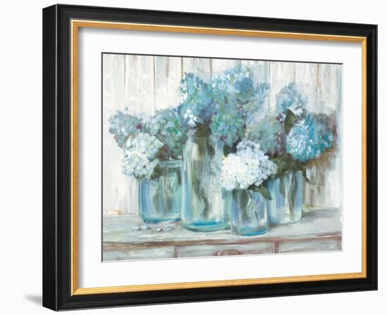 Hydrangeas in Glass Jars Blue-Carol Rowan-Framed Art Print