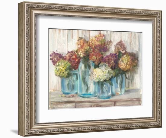 Hydrangeas in Glass Jars White Wood-Carol Rowan-Framed Art Print