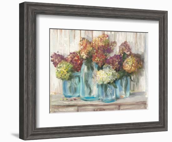 Hydrangeas in Glass Jars White Wood-Carol Rowan-Framed Art Print