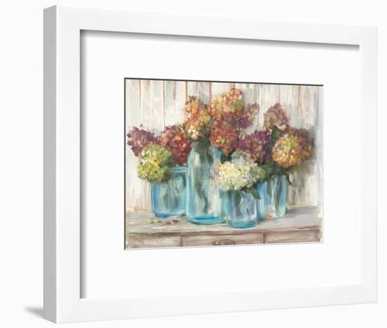 Hydrangeas in Glass Jars White Wood-Carol Rowan-Framed Art Print