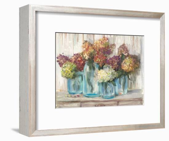 Hydrangeas in Glass Jars White Wood-Carol Rowan-Framed Art Print