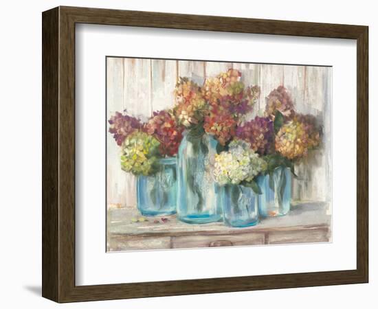 Hydrangeas in Glass Jars White Wood-Carol Rowan-Framed Art Print