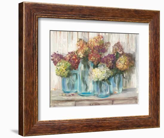 Hydrangeas in Glass Jars White Wood-Carol Rowan-Framed Art Print