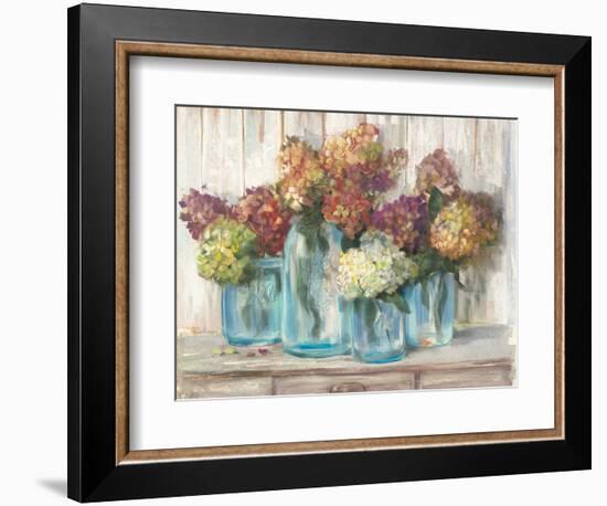 Hydrangeas in Glass Jars White Wood-Carol Rowan-Framed Art Print