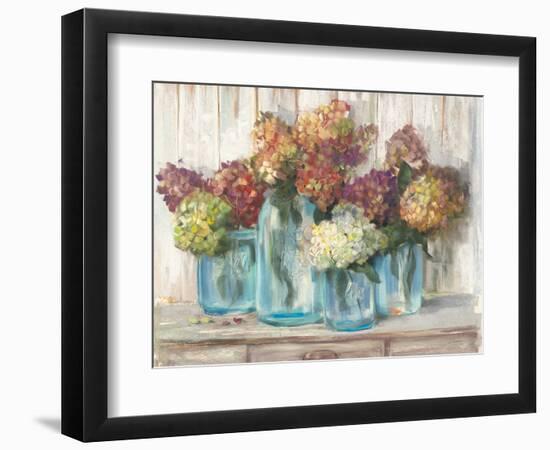 Hydrangeas in Glass Jars White Wood-Carol Rowan-Framed Art Print