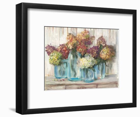 Hydrangeas in Glass Jars White Wood-Carol Rowan-Framed Art Print