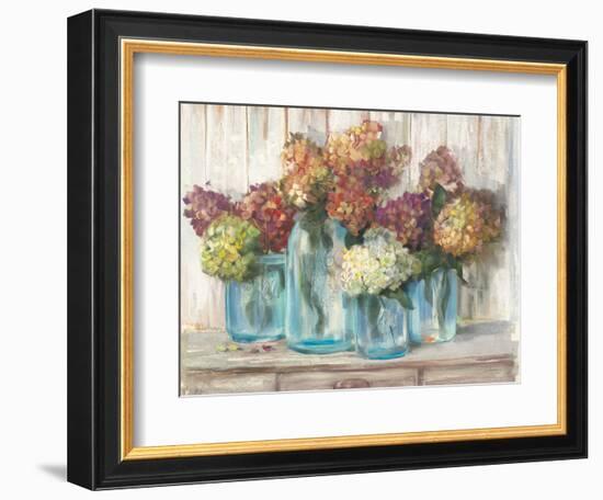 Hydrangeas in Glass Jars White Wood-Carol Rowan-Framed Art Print