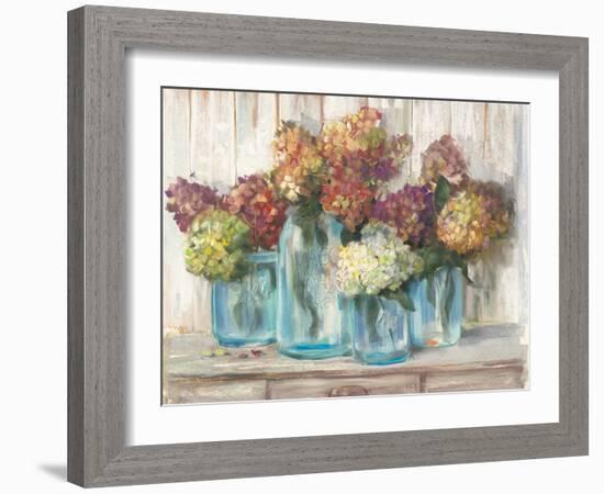 Hydrangeas in Glass Jars White Wood-Carol Rowan-Framed Premium Giclee Print