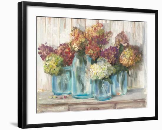 Hydrangeas in Glass Jars White Wood-Carol Rowan-Framed Art Print