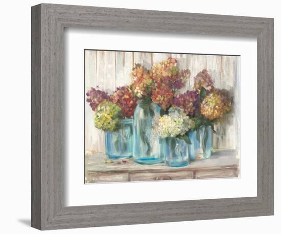 Hydrangeas in Glass Jars White Wood-Carol Rowan-Framed Premium Giclee Print