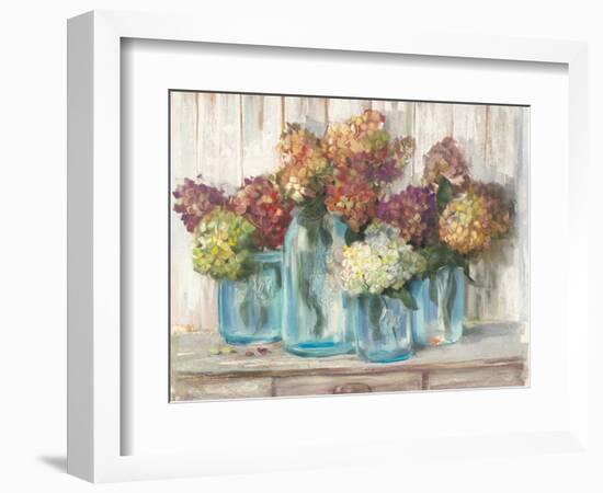 Hydrangeas in Glass Jars White Wood-Carol Rowan-Framed Premium Giclee Print