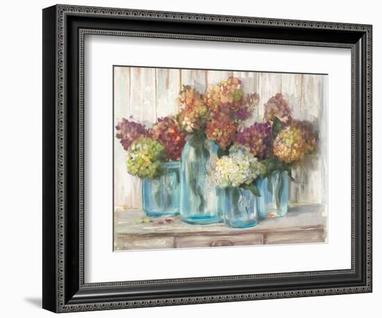 Hydrangeas in Glass Jars White Wood-Carol Rowan-Framed Premium Giclee Print