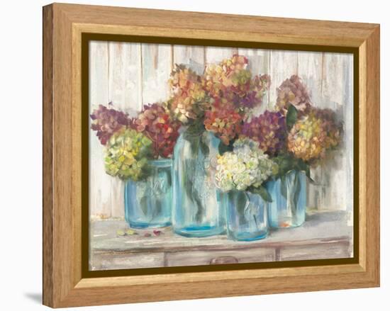 Hydrangeas in Glass Jars White Wood-Carol Rowan-Framed Stretched Canvas