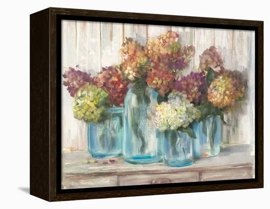 Hydrangeas in Glass Jars White Wood-Carol Rowan-Framed Stretched Canvas