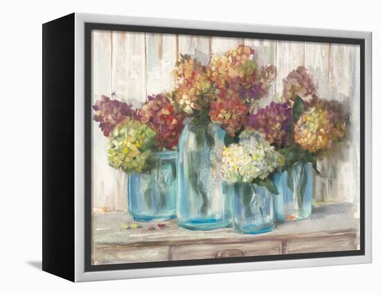 Hydrangeas in Glass Jars White Wood-Carol Rowan-Framed Stretched Canvas