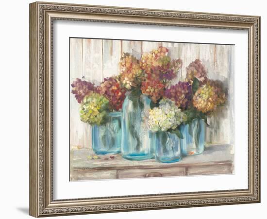 Hydrangeas in Glass Jars White Wood-Carol Rowan-Framed Art Print