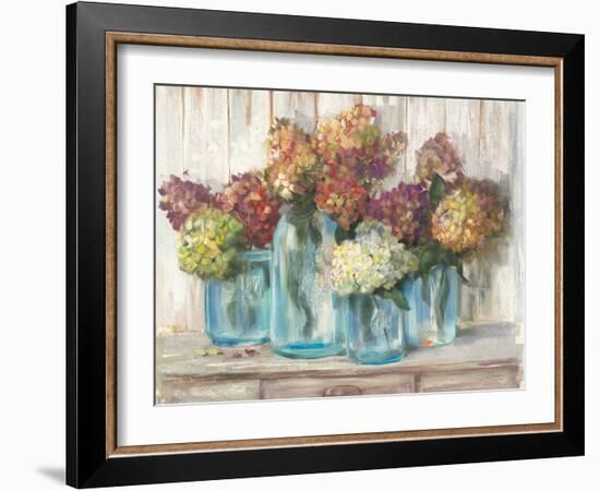 Hydrangeas in Glass Jars White Wood-Carol Rowan-Framed Art Print