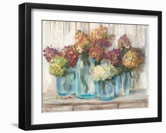 Hydrangeas in Glass Jars White Wood-Carol Rowan-Framed Art Print