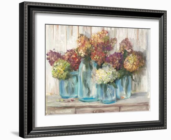 Hydrangeas in Glass Jars White Wood-Carol Rowan-Framed Art Print