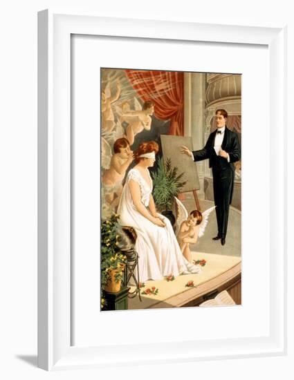 Hypnotist and Blindfolded Woman with Angels on Stage-null-Framed Art Print