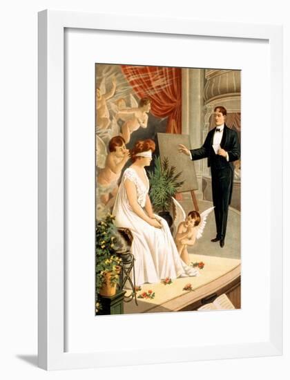 Hypnotist and Blindfolded Woman with Angels on Stage-null-Framed Art Print