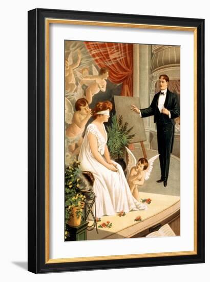 Hypnotist and Blindfolded Woman with Angels on Stage-null-Framed Art Print