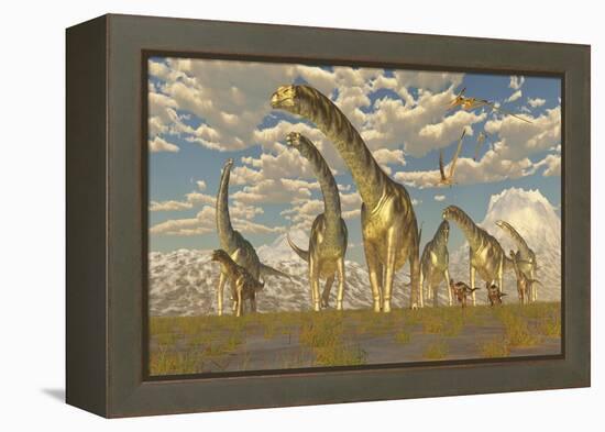 Hypsilophodon and Pteranodon Dinosaurs Accompany a Herd of Argentinosaurus-null-Framed Stretched Canvas