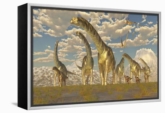 Hypsilophodon and Pteranodon Dinosaurs Accompany a Herd of Argentinosaurus-null-Framed Stretched Canvas