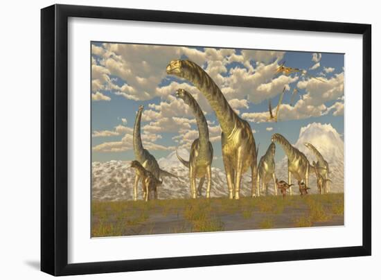 Hypsilophodon and Pteranodon Dinosaurs Accompany a Herd of Argentinosaurus-null-Framed Premium Giclee Print